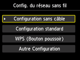 Écran Config. du réseau sans fil : sélectionnez Configuration sans câble